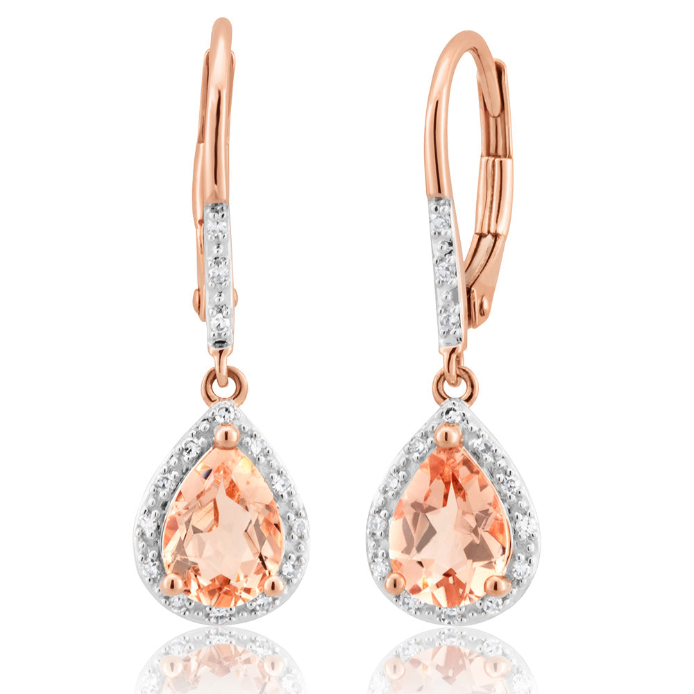 Stunning 1.20 Carat Morganite Pear & Diamond Drop Earrings in 9ct Rose Gold