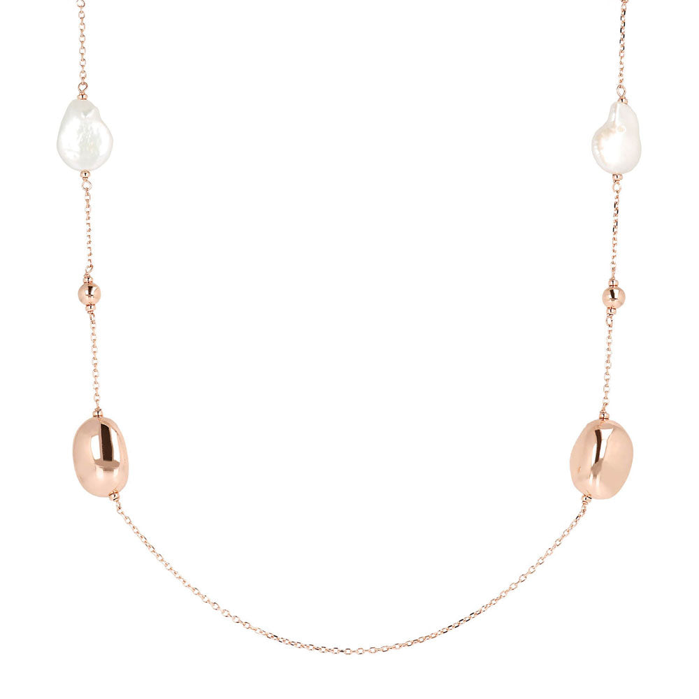 Bronzallure Maxima Exquisite Rose Gold Plated Baroque Style White Pearl Necklace with a 91cm Chain