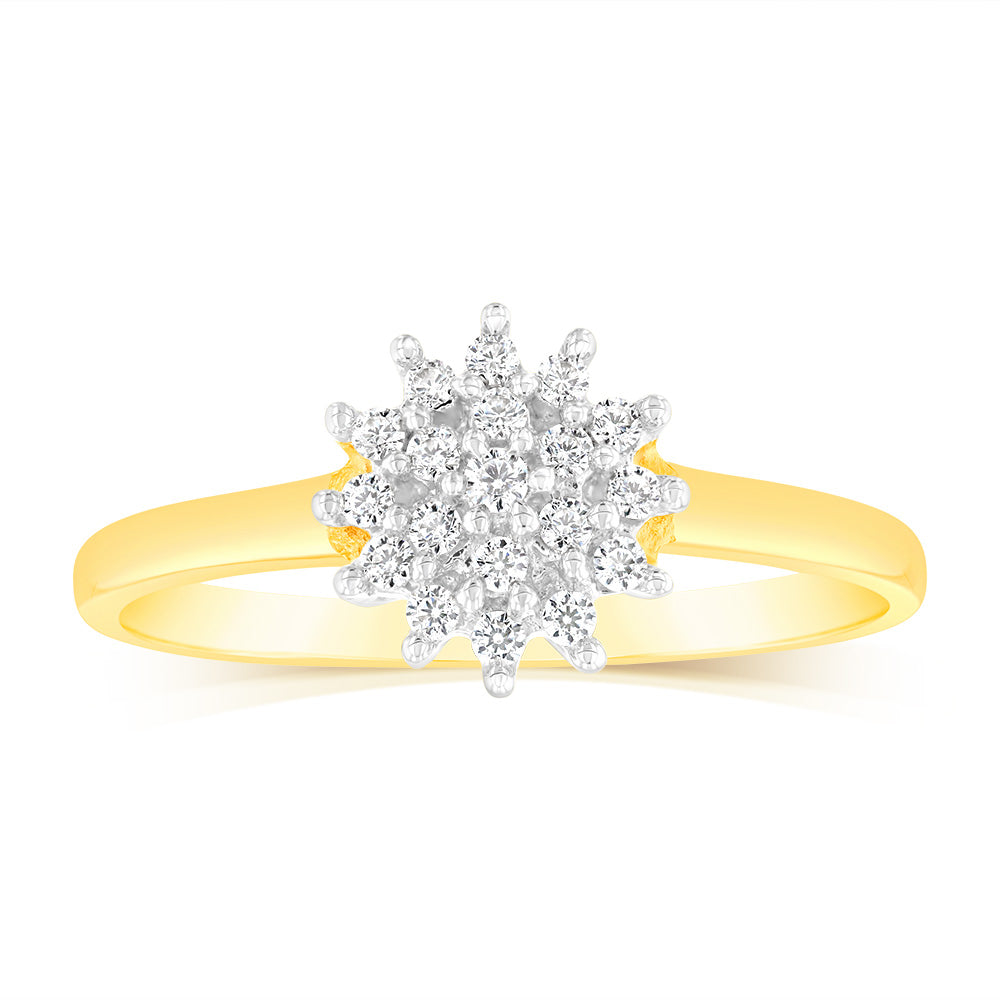 Exquisite 9 Carat Yellow Gold Ring with 19 Cubic Zirconias in a Stunning Flower Shape