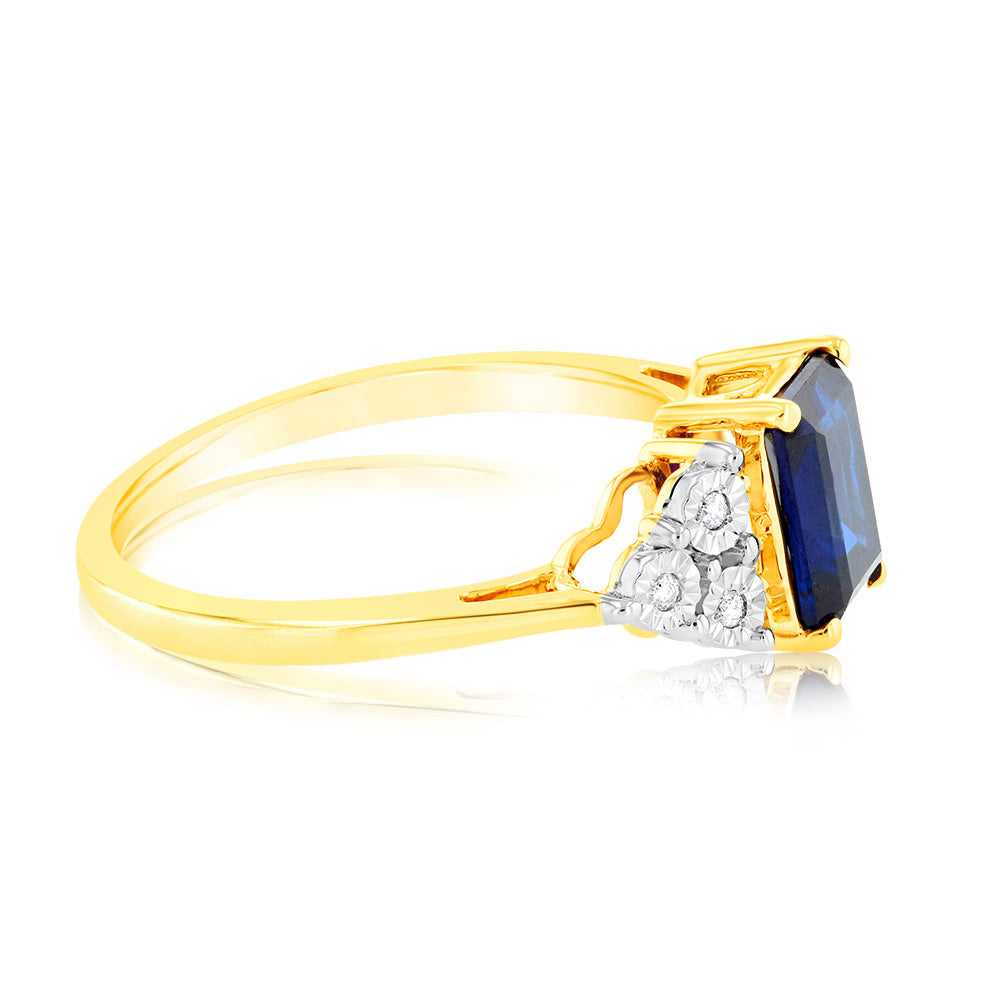 7mm 9ct Yellow Gold Ring with Created Sapphire and Diamonds