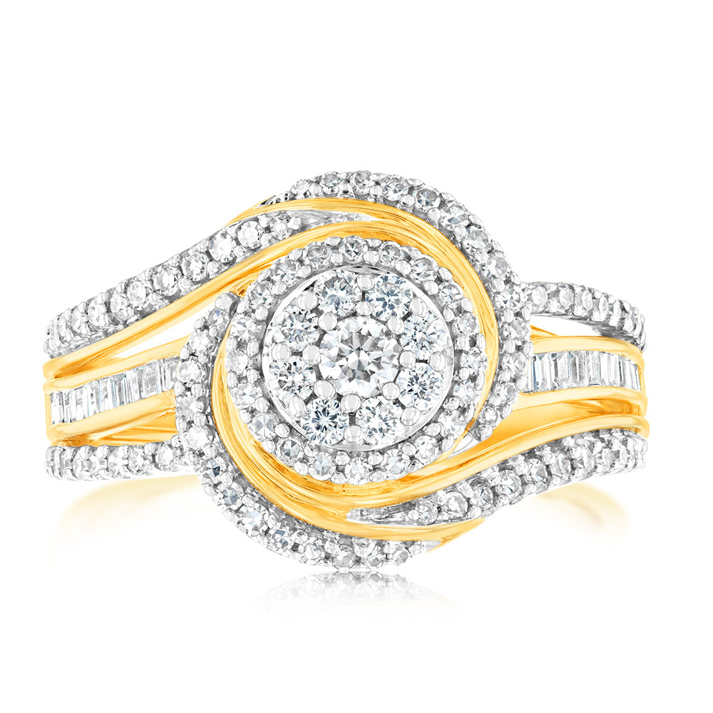 Stunning 10-Carat Yellow Gold 3/4 Carat Diamond Round Cluster Engagement Ring
