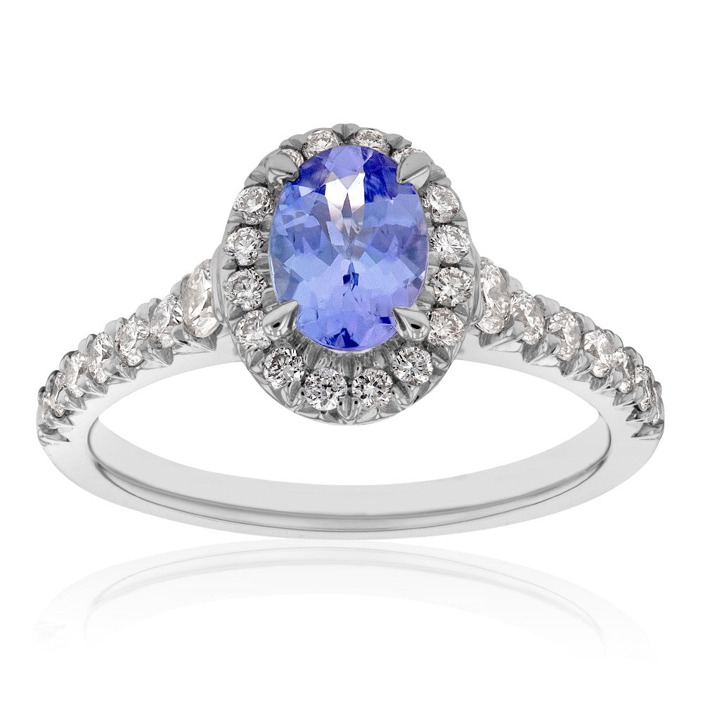 Exquisite 9 Carat White Gold Oval Halo Ring with Tanzanite and Diamonds