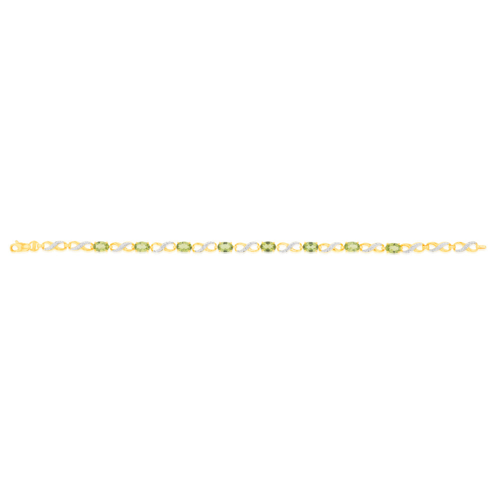 Stunning 9ct Yellow Gold Natural Peridot and Diamond Infinity Style Bracelet for Jewelry Lovers