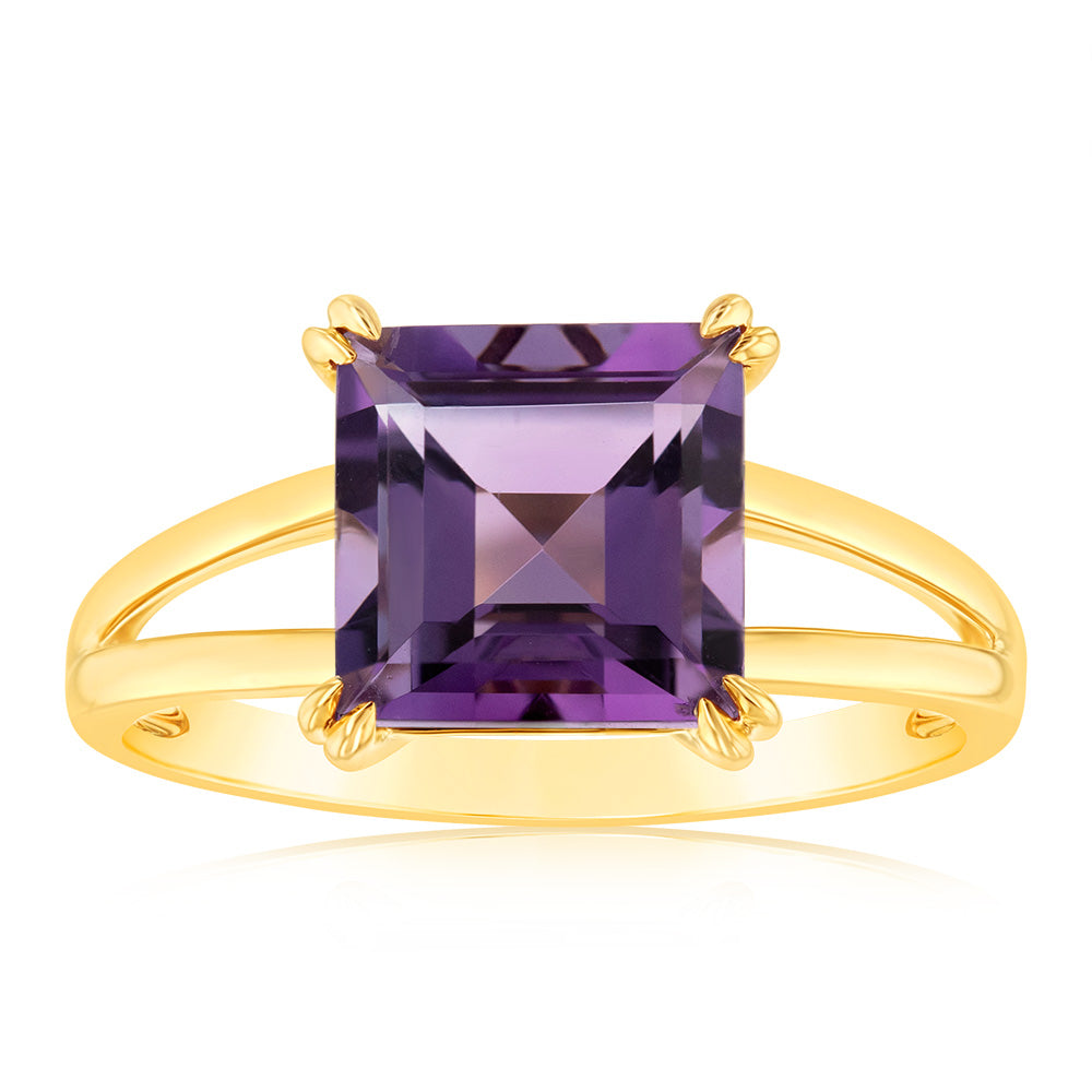 9ct Yellow Gold Ring with Split Shank, Claw Set Natural Amethyst in Ascher Cut