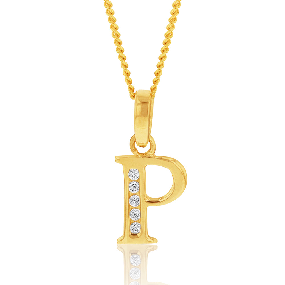 Stunning 9-Carat Yellow Gold Initial 'P' Pendant Embellished with Zirconia Stones, Ideal for Personalized Jewelry Collection