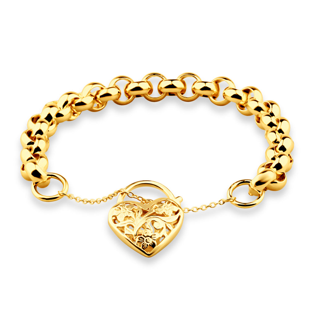 Exquisite 9ct Yellow Gold Copper Filled Belcher Bracelet with Floral Love Heart Charm