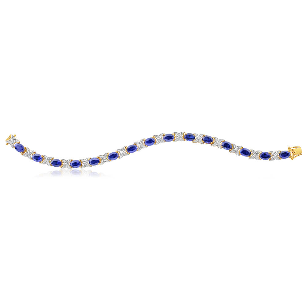 19cm 9ct Yellow Gold Crossover Bracelet with 7x5mm Oval Cut Lab-Created Sapphires and Diamonds