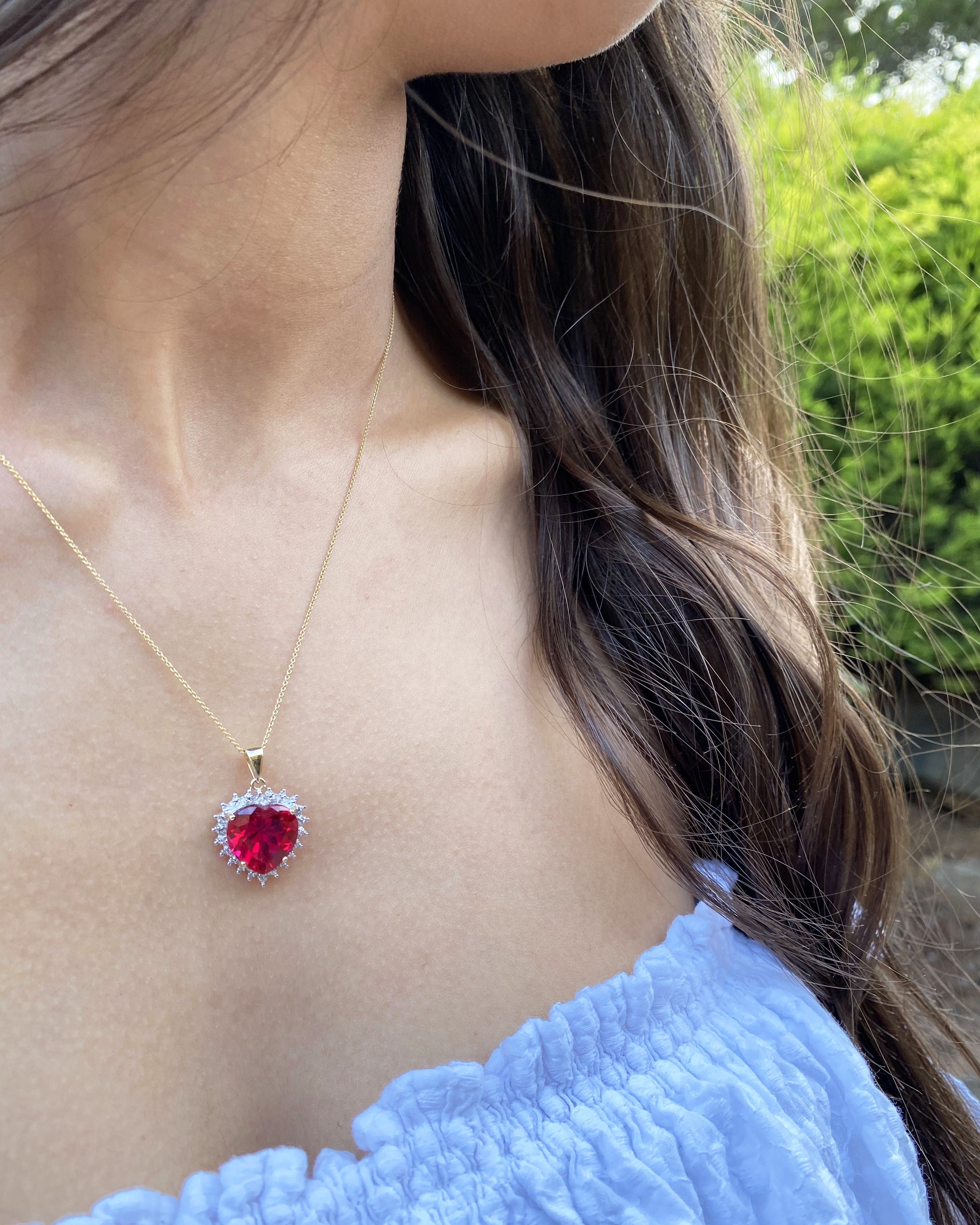 Exquisite 9ct Yellow Gold Crafted Ruby and Diamond Heart-Shaped Pendant for Jewelry Lovers