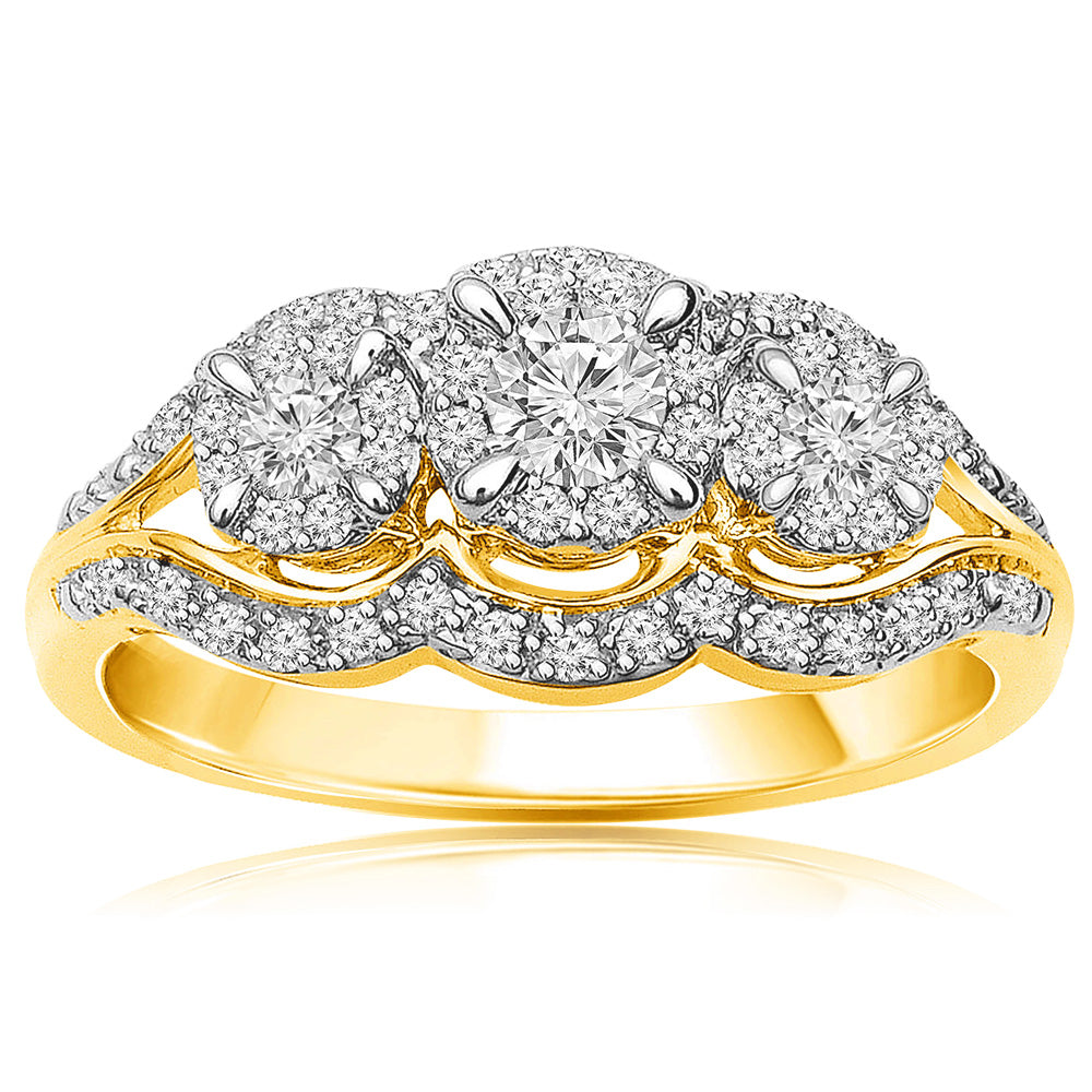 Stunning 10-Carat Yellow Gold 1/2 Carat Diamond Trilogy Engagement Ring