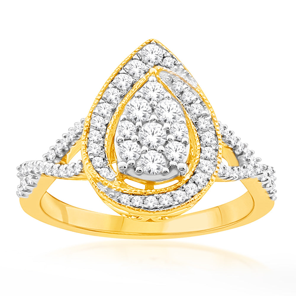 Exquisite 10 Carat Yellow Gold 1/2 Carat Diamond Pear Cluster Engagement Ring