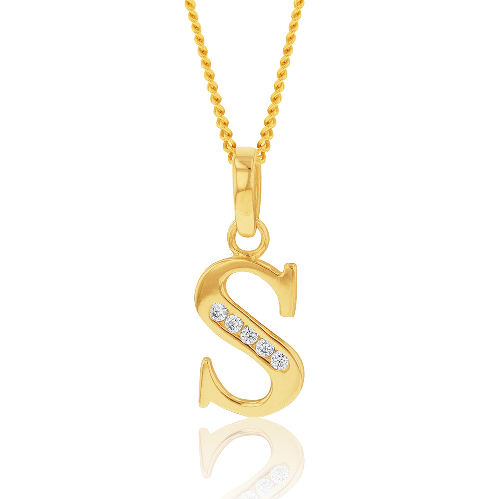 Gorgeous 9ct Yellow Gold Initial S Pendant with Sparkling Zirconia