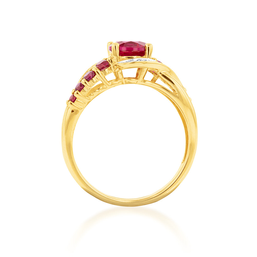 9-carat Yellow Gold Ring Featuring Lab-Created Rubies and 0.15 Carat Diamonds