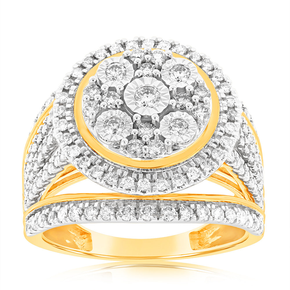 Exquisite 9 Carat Yellow Gold 1 Carat Diamond Round Cushion Shape Cluster Dress Ring for Women's Fashion