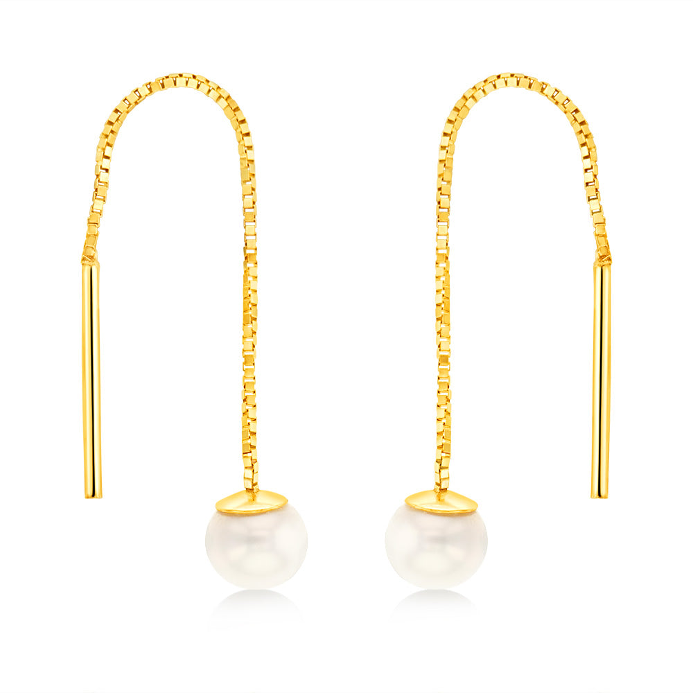Stunning 9ct Yellow Gold Freshwater Pearl Box Chain Threader Earrings