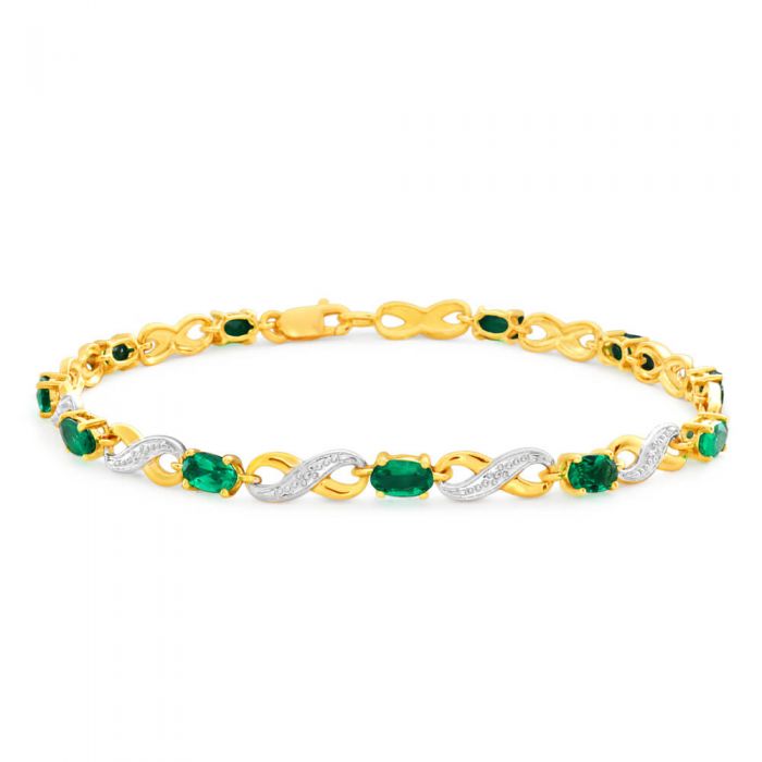 18cm 9ct Yellow Gold Bracelet with Created Emeralds and Diamonds in Infinity Design