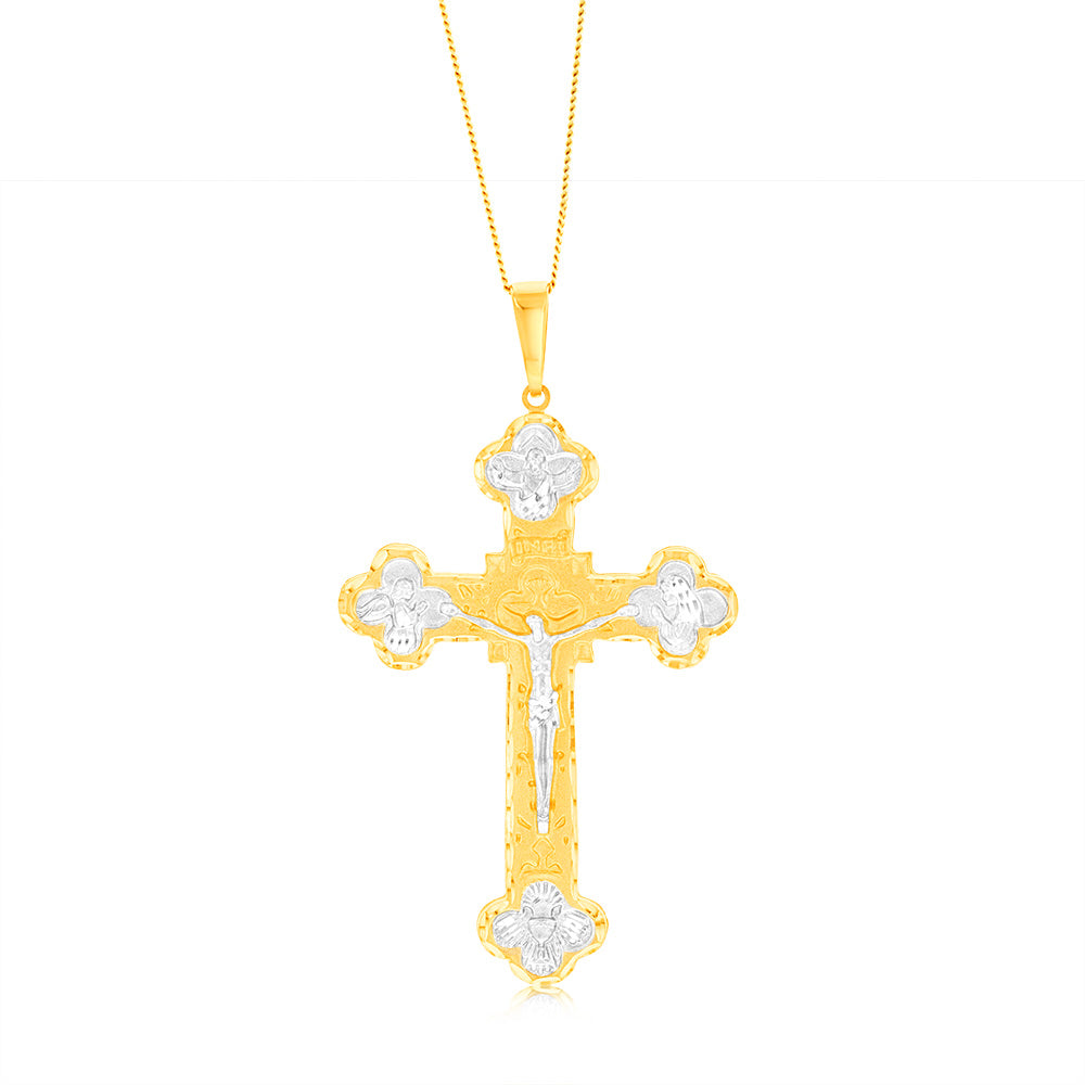 Exquisite 9ct Yellow and White Gold Diamond-Cut Crucifix Pendant for Devotion
