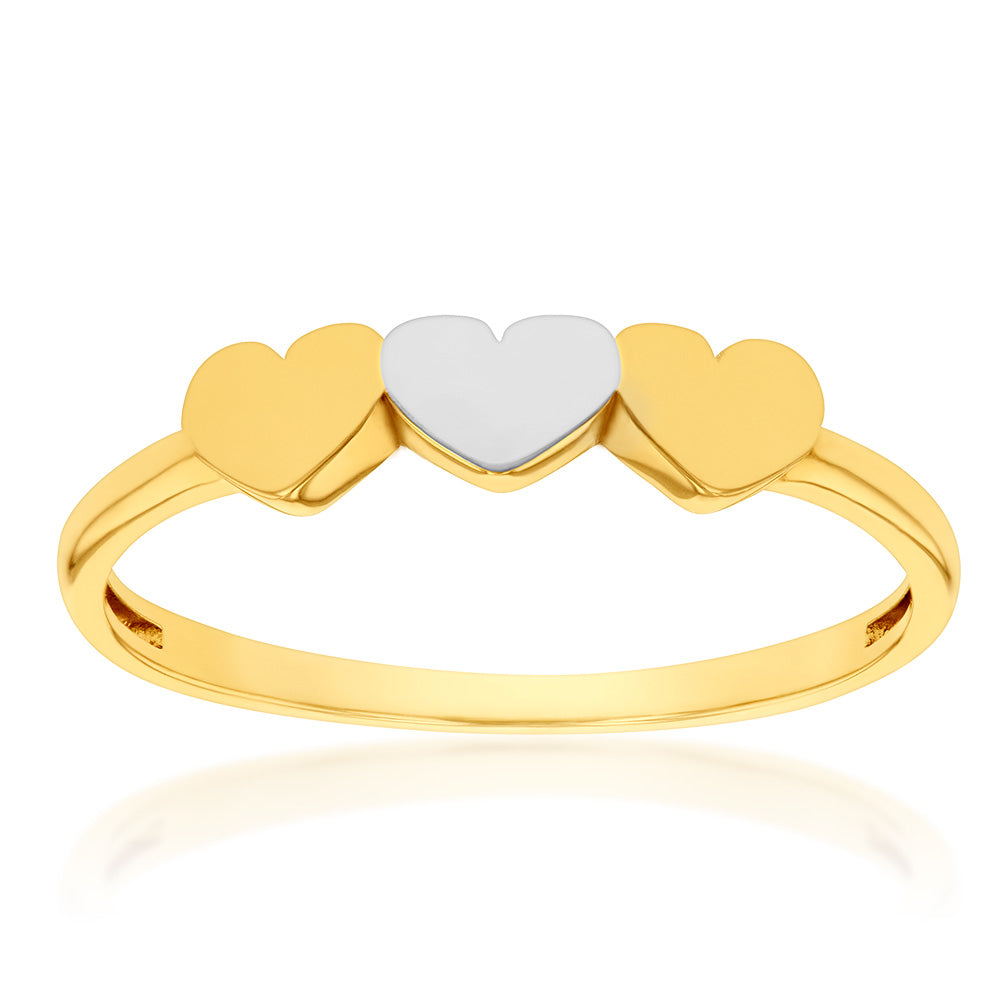 Stunning 9ct Two-Tone Yellow and White Gold Ring Featuring Triple Interlocking Hearts