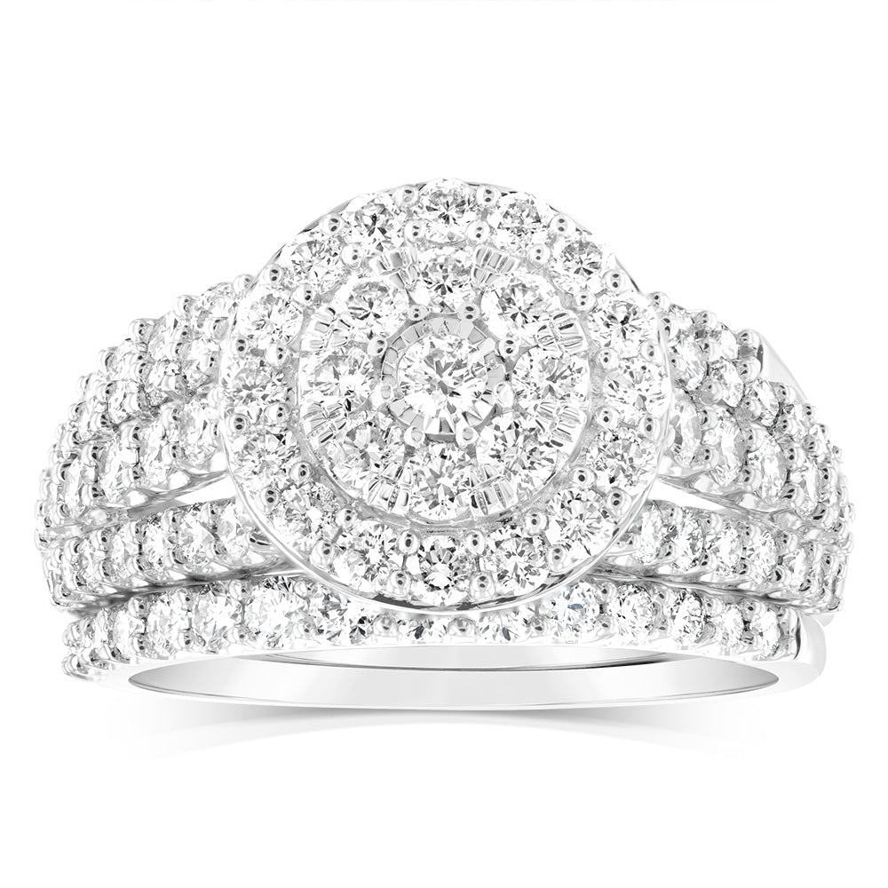 Exquisite 14 Carat White Gold 1.95 Carat Diamond Halo Bridal Three - Ring Set Featuring Brilliant - Cut Diamonds