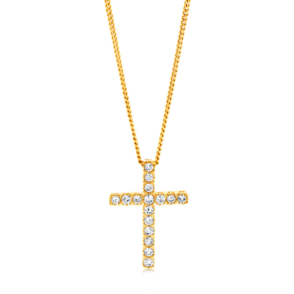 10-Carat Yellow Gold Diamond Cross Pendant Jewelry Set Adorned with Sparkling Brilliant Diamonds