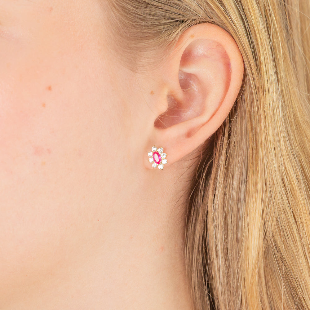 9ct Yellow Gold Oval Stud Earrings with Red and White Cubic Zirconias