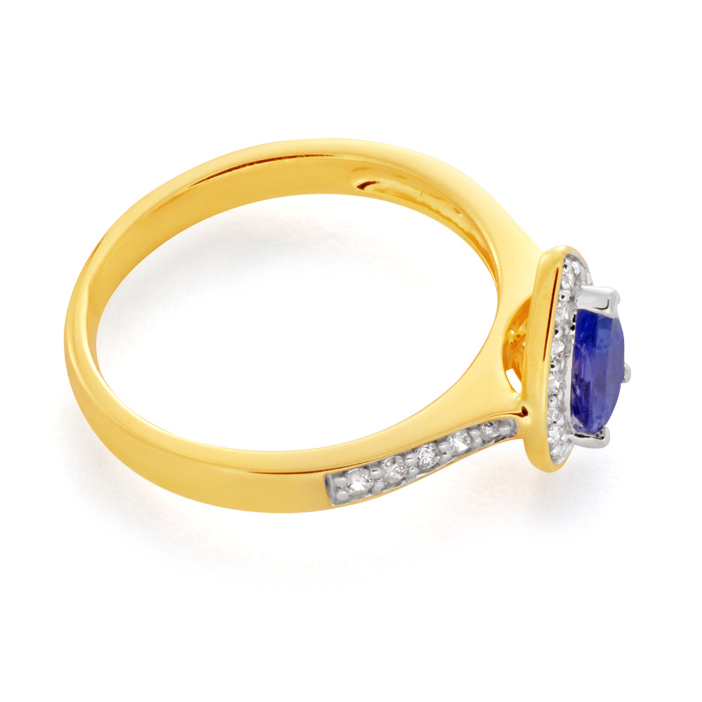 0.75ct Tanzanite and 0.20 Carat Diamond Ring in 9ct Yellow Gold