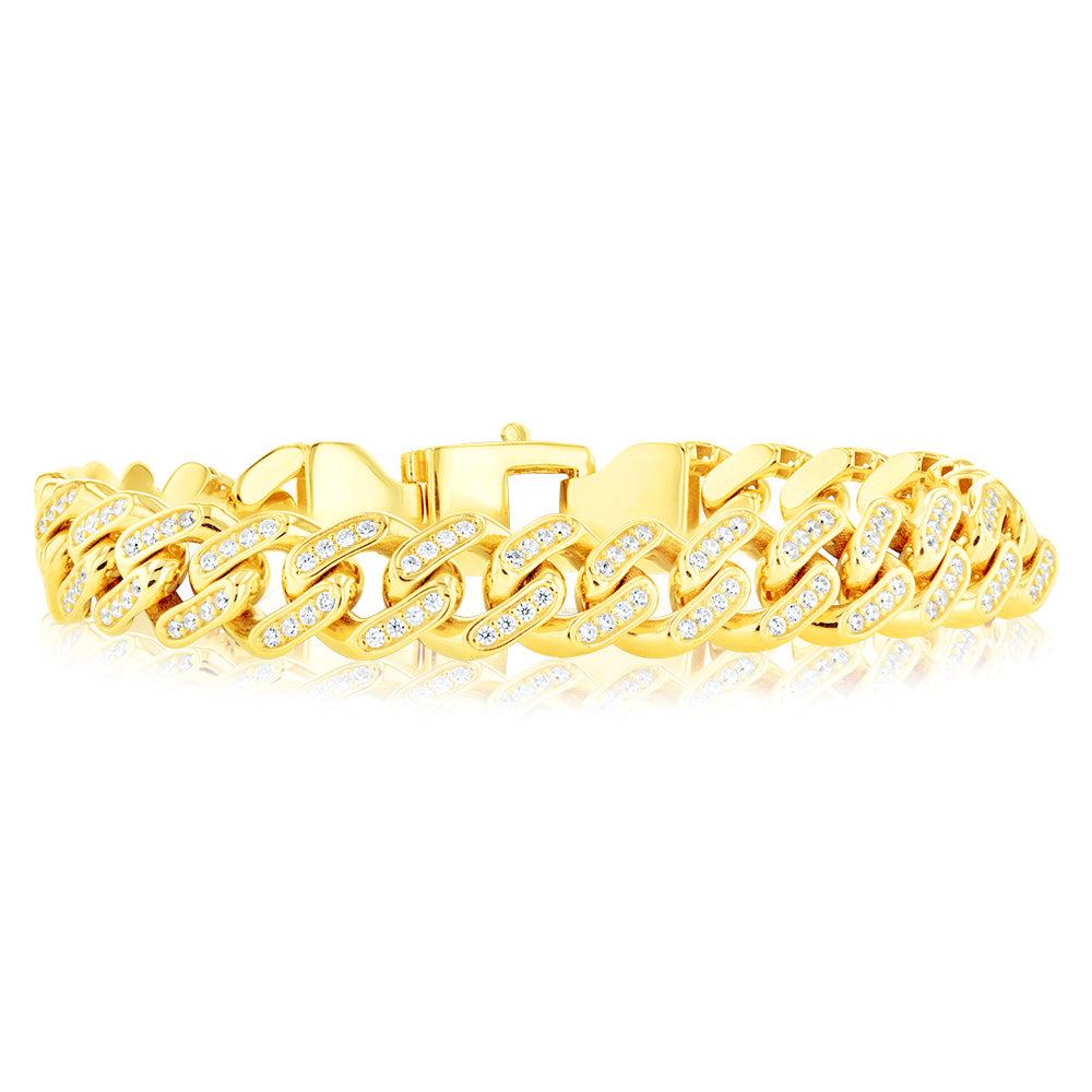 19cm 9ct Yellow Gold Curb Bracelet with Fancy Zirconia