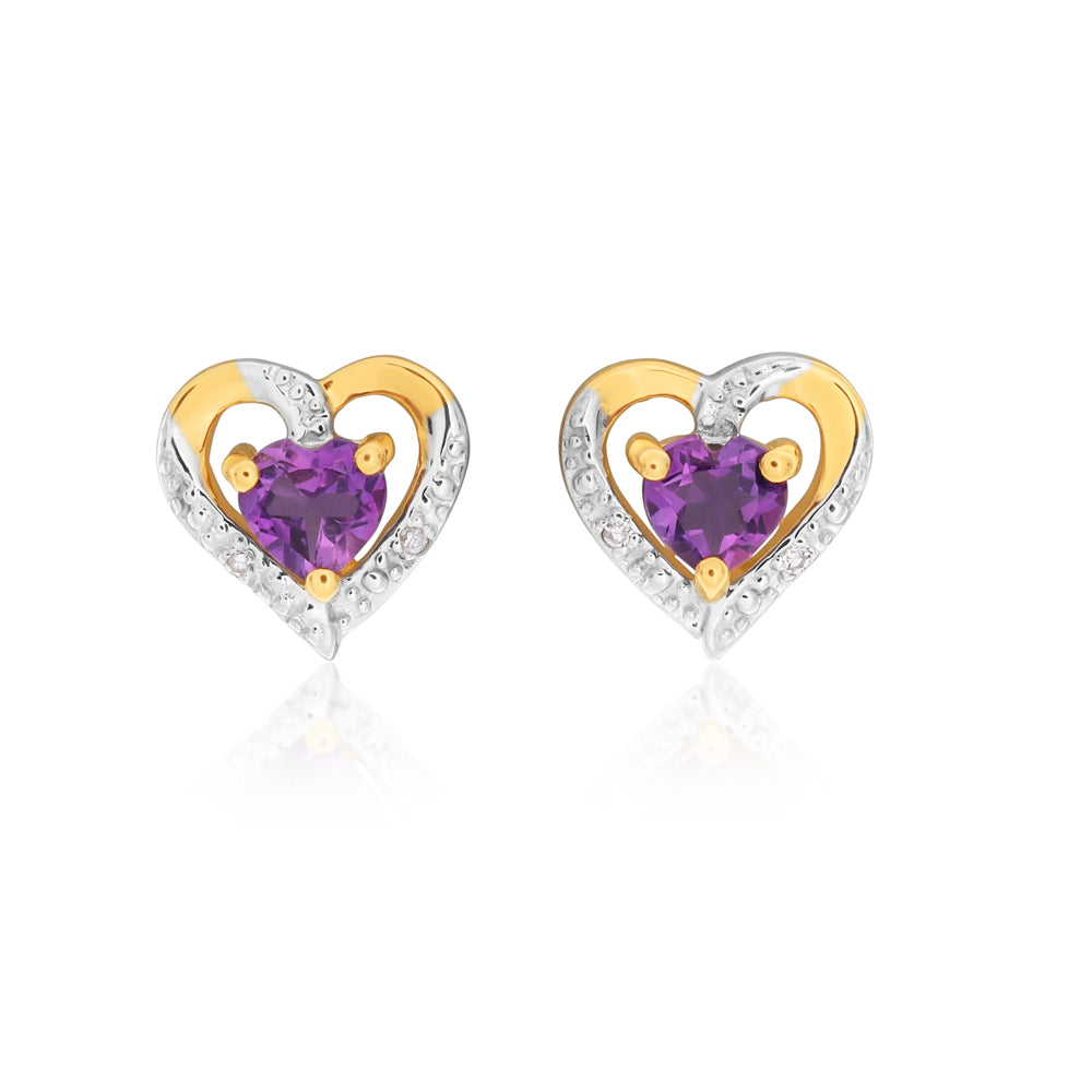 Charming 9ct Yellow Gold Amethyst and Diamond Heart - shaped Stud Earrings