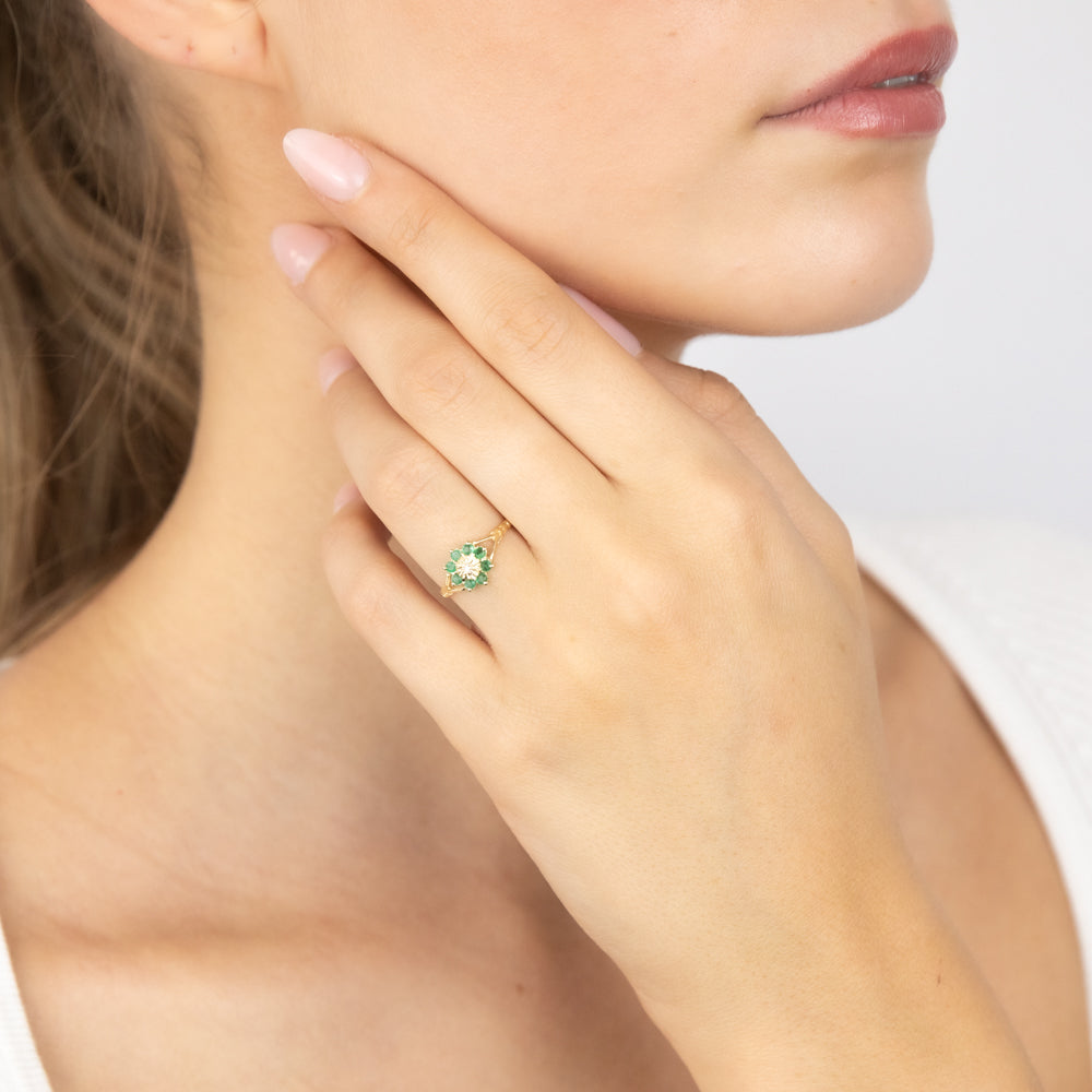 Stunning 9ct Yellow Gold Ring with 0.45 Carat Natural Emerald and Diamonds