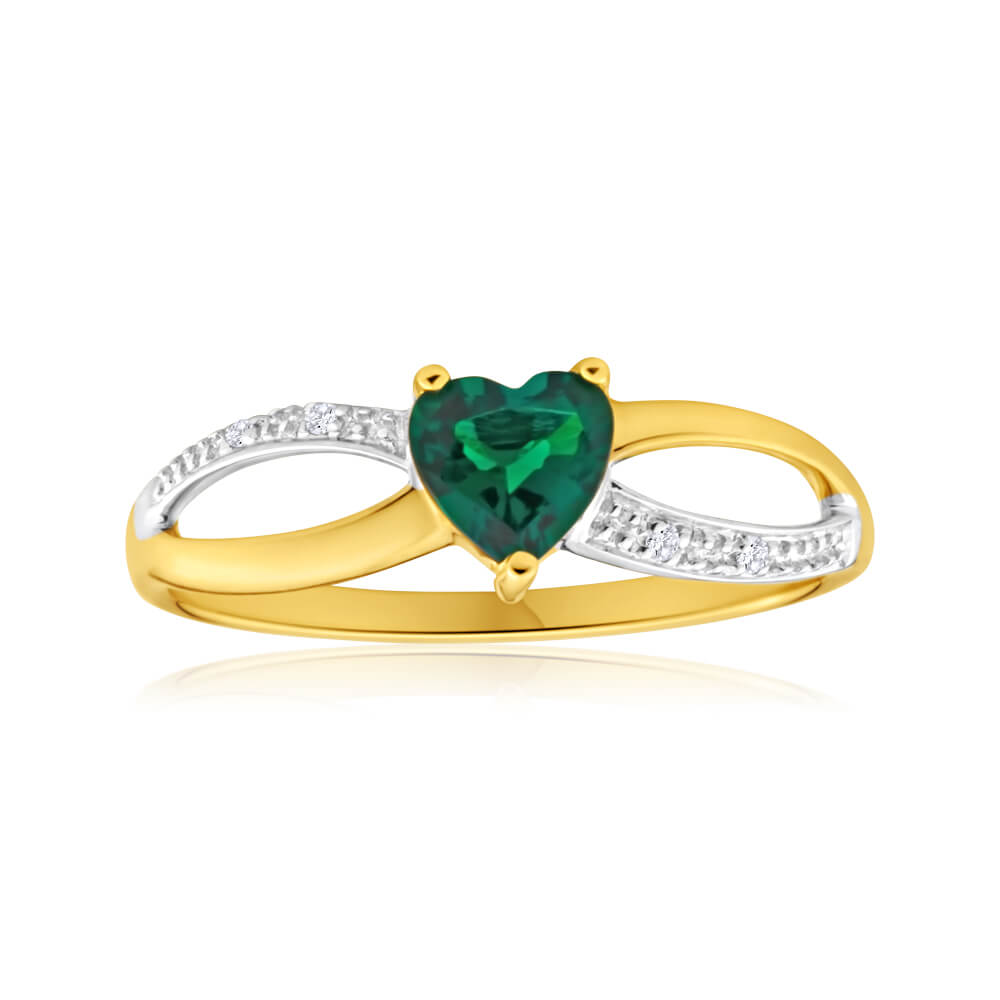 Stunning 9ct Yellow Gold Heart Ring with Lab-Created Emerald and Sparkling Diamonds