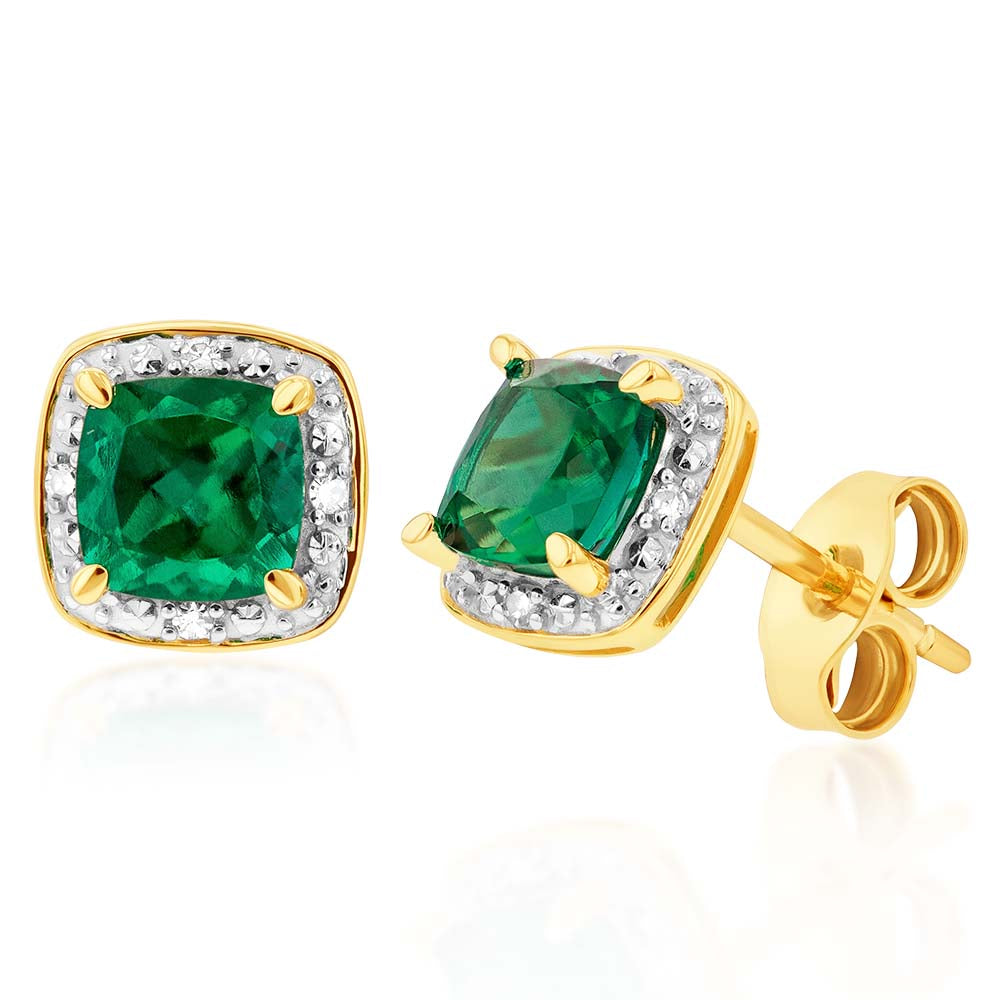 5mm 9ct Yellow Gold Studs with Created Emeralds and Diamonds in Cushion Cut