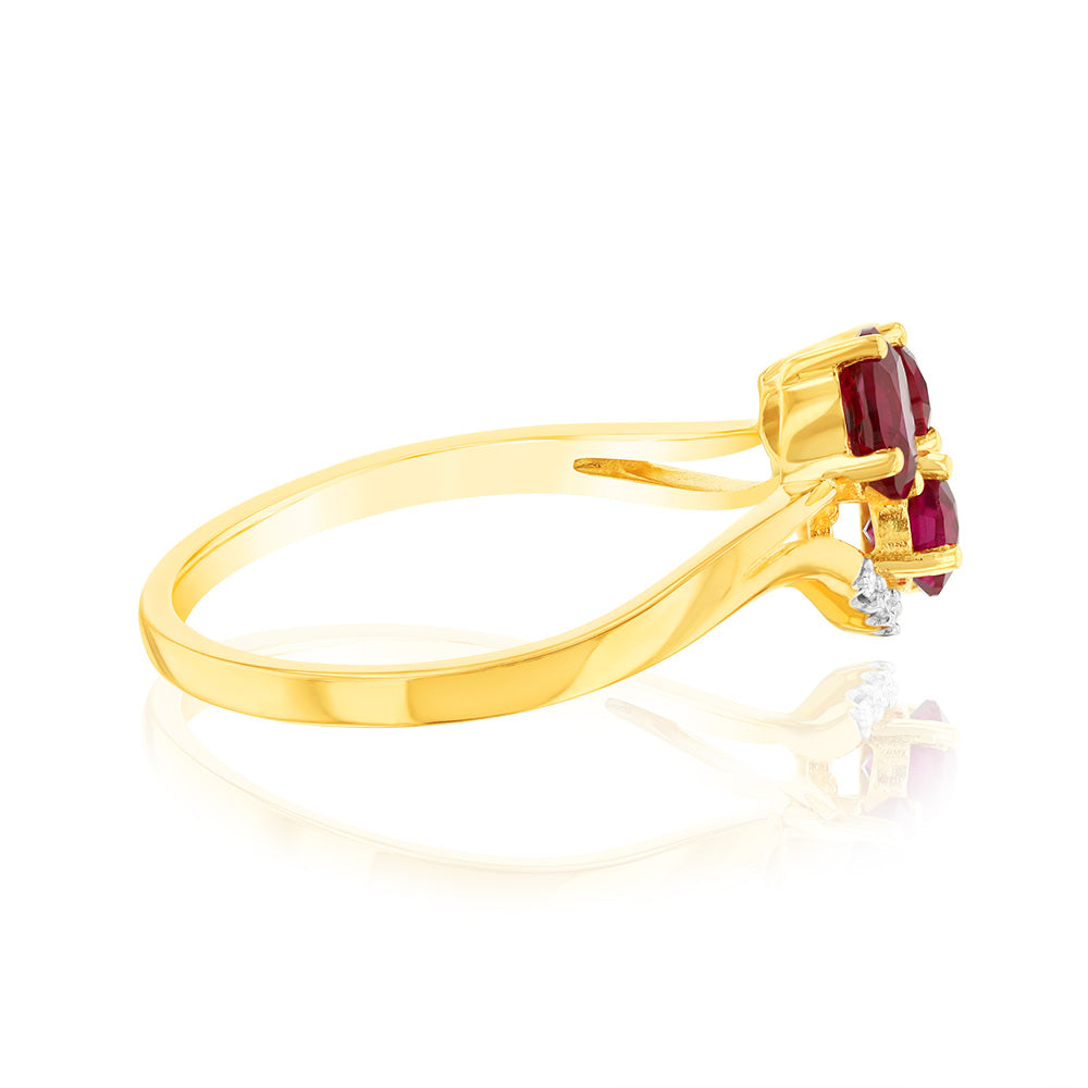 Stunning 9ct Yellow Gold Ring with 1.19Ct Lab - Created Ruby and 5 Diamonds