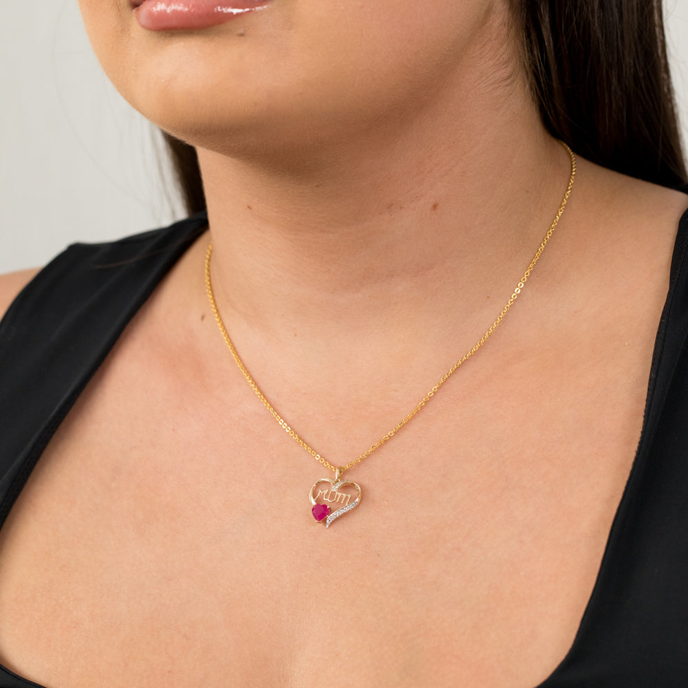 9ct Yellow Gold Round Created Ruby Heart Pendant for Mum