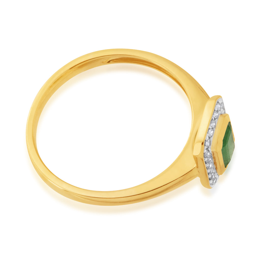 9ct Yellow Gold Ring with 0.6ct Natural Emerald and 1/10 Carat Diamonds