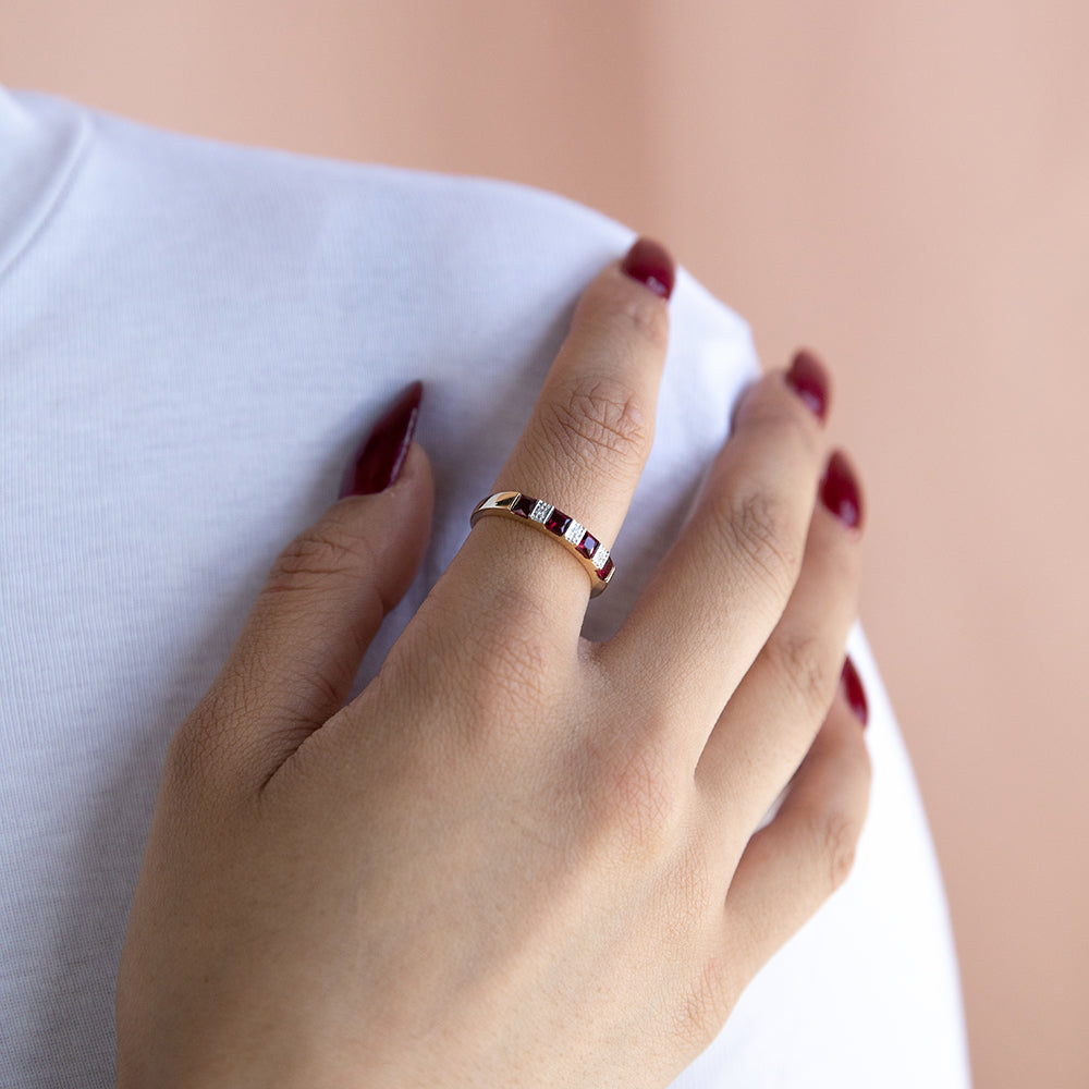 Stunning 9ct Yellow Gold Eternity Ring with Created Rubies and Real Diamonds