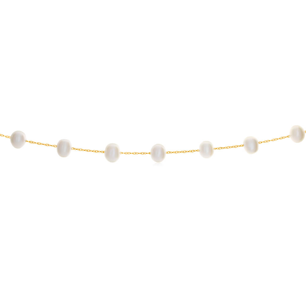 14ct Yellow Gold Necklace with 6mm White Freshwater Pearls, 45cm Long