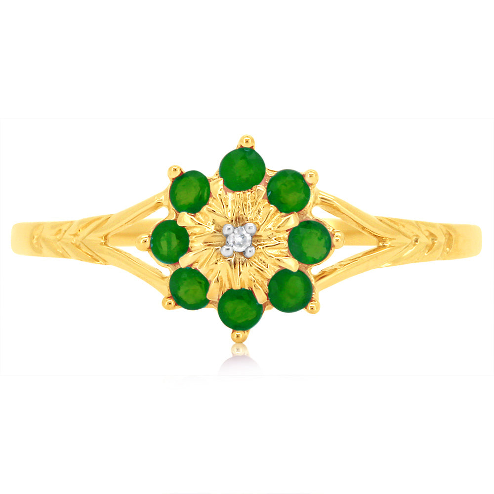 Stunning 9ct Yellow Gold Ring with 0.45 Carat Natural Emerald and Diamonds
