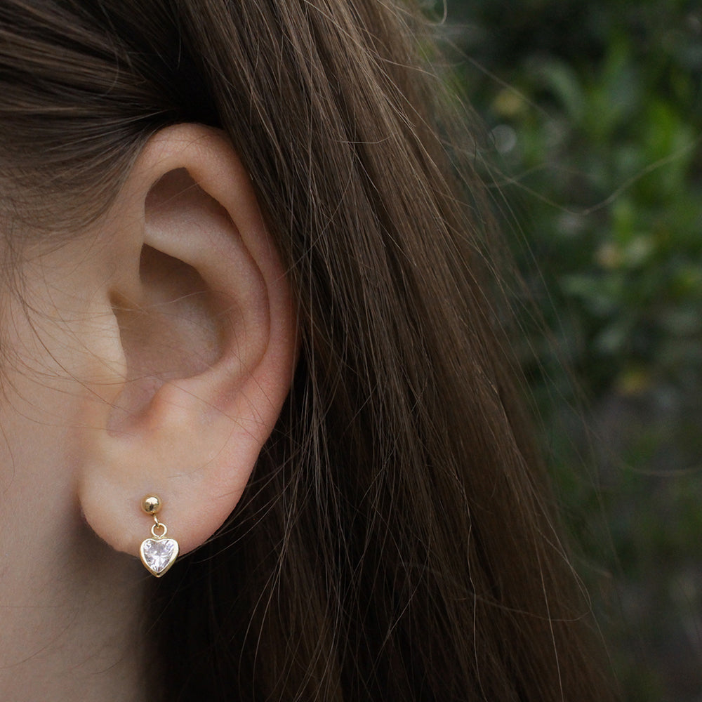 Stylish 9ct Yellow Gold Heart-Shaped Cubic Zirconia Drop Earrings