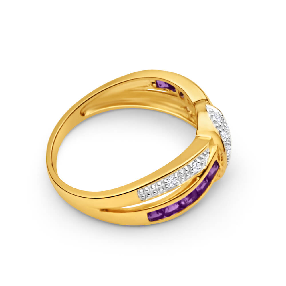 Exquisite 9-carat Yellow Gold Amethyst and Ten Diamond Cross-Over Engagement Ring