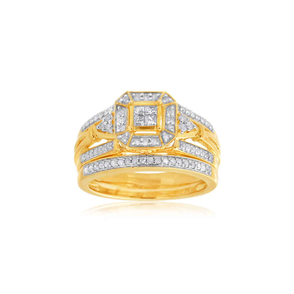 Exquisite 9 Carat Yellow Gold 0.45 Carat Diamond Bridal Two - Ring Engagement and Wedding Set