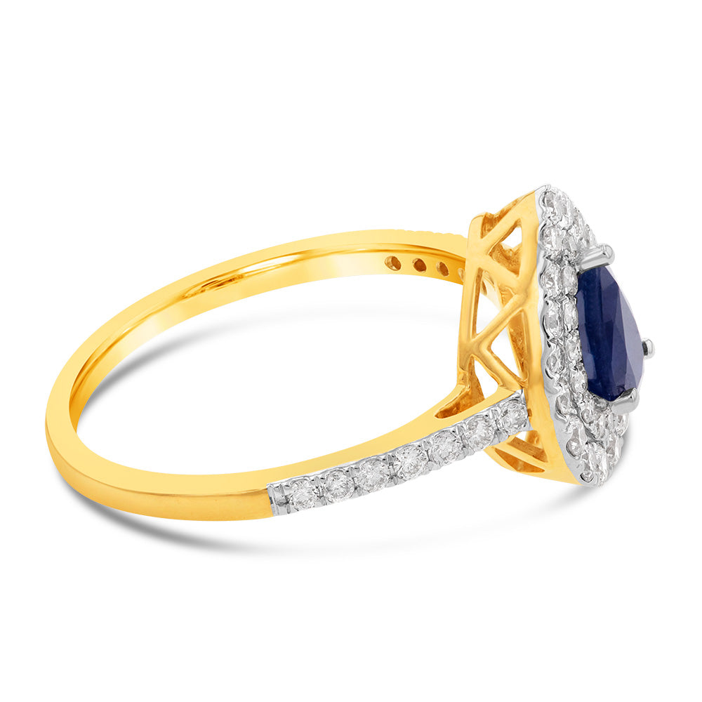 Exquisite 9ct Yellow Gold Double Halo Pear Ring Featuring 0.59ct Natural Black Sapphire and 0.5ct Diamonds