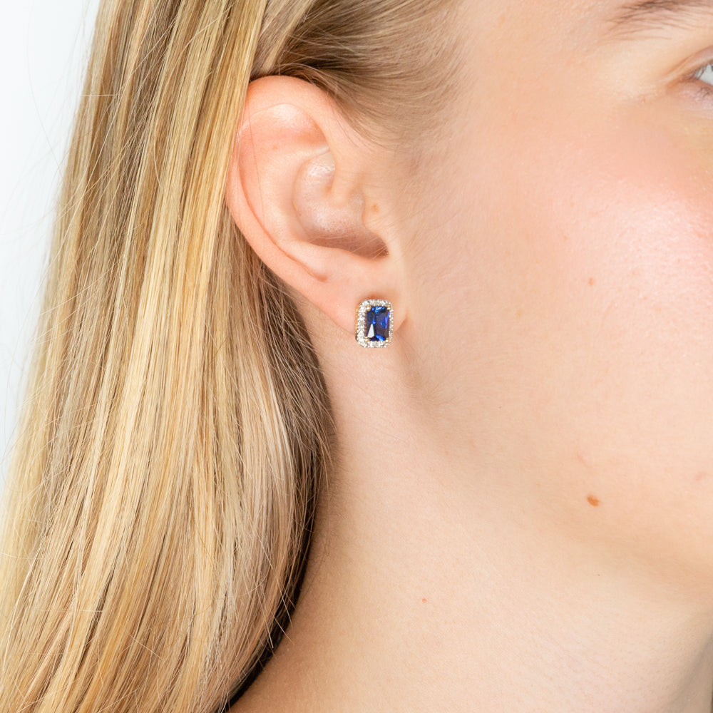 Stunning 9ct Yellow Gold Stud Earrings with Created Sapphires and Diamonds