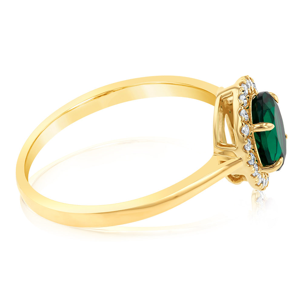 Stunning 9ct Yellow Gold Ring with Created Oval Emerald and Diamond Halo