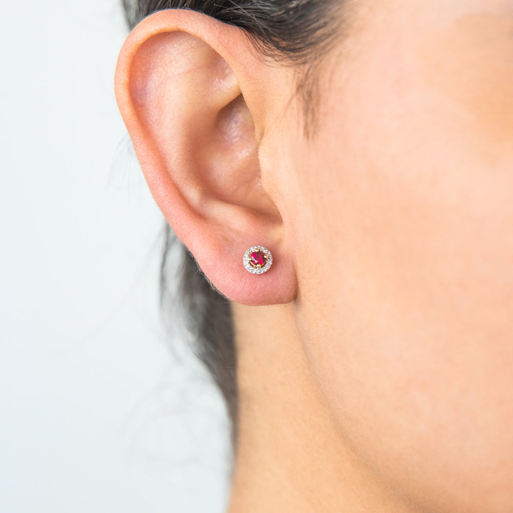 Exquisite 9ct Yellow Gold Fashion Stud Earrings with Lab - Created Rubies and Diamond Halos