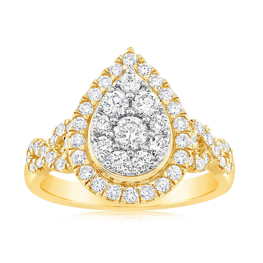 Exquisite 0.95 Carat Diamond Cluster Pear - Shaped Engagement Ring Crafted in 14 - karat Yellow Gold