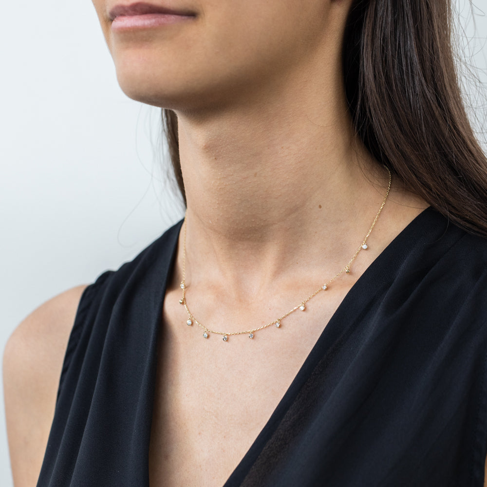 9ct Yellow Gold Chain with 11 Cubic Zirconias, Adjustable 38 - 40cm for Layering