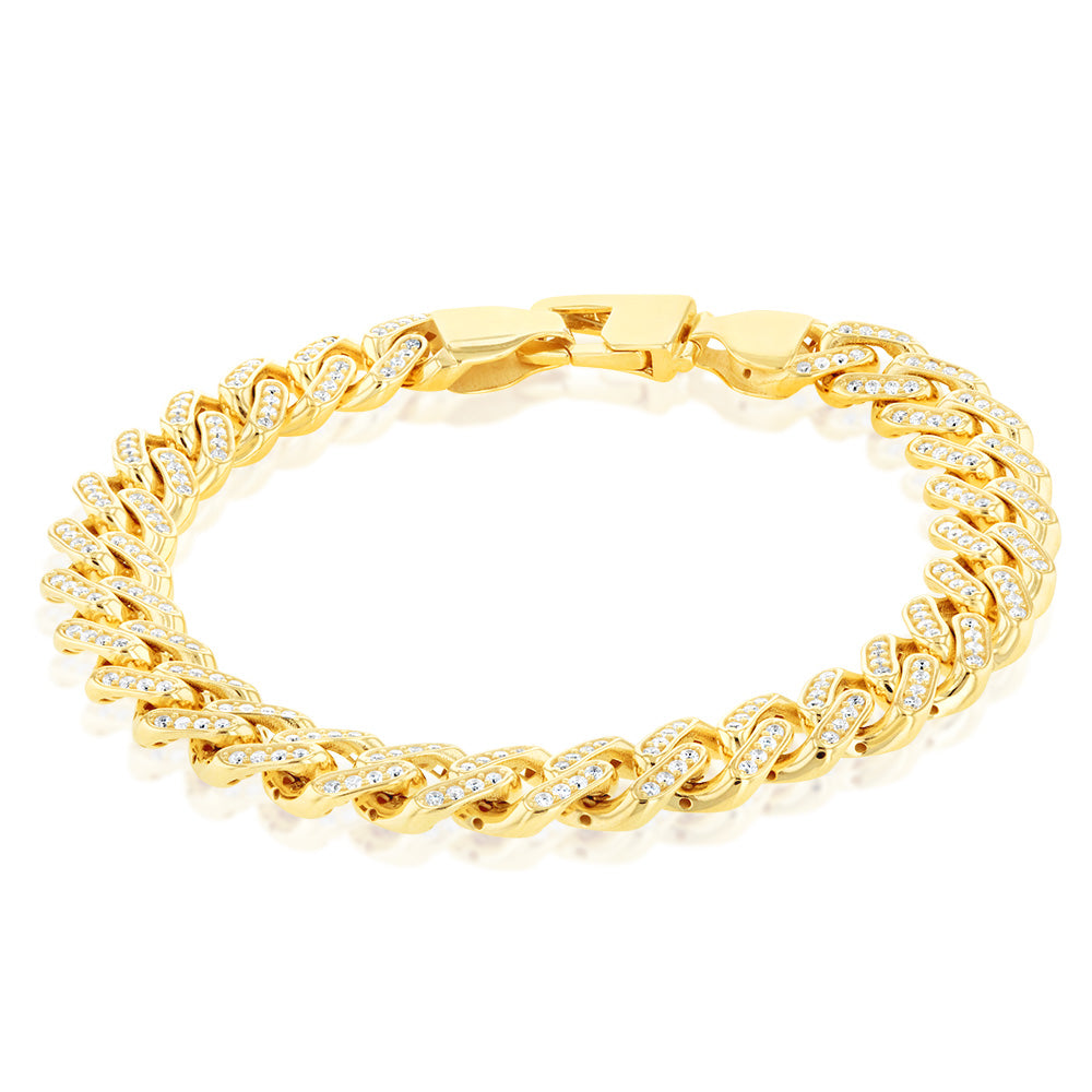 19cm 9ct Yellow Gold Curb Bracelet with Fancy Zirconia