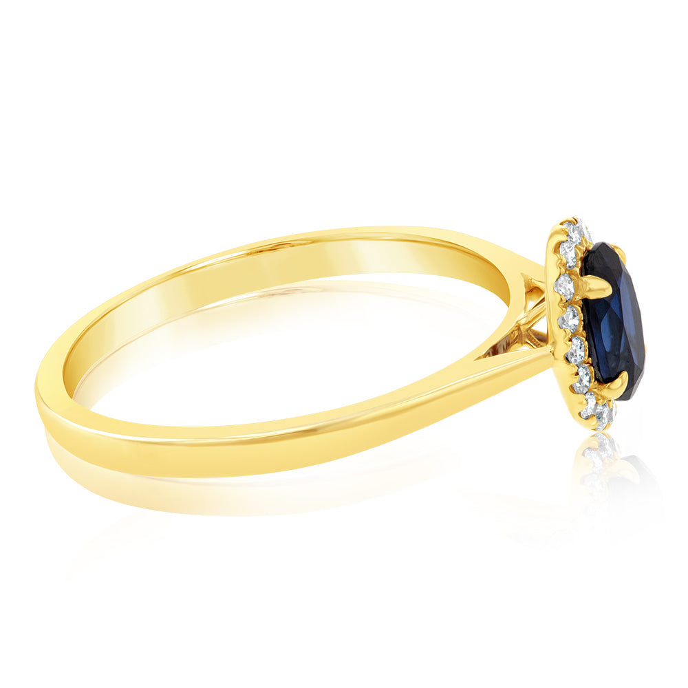 Exquisite 9ct Yellow Gold Ring with Created Oval Sapphire and Diamond Halo
