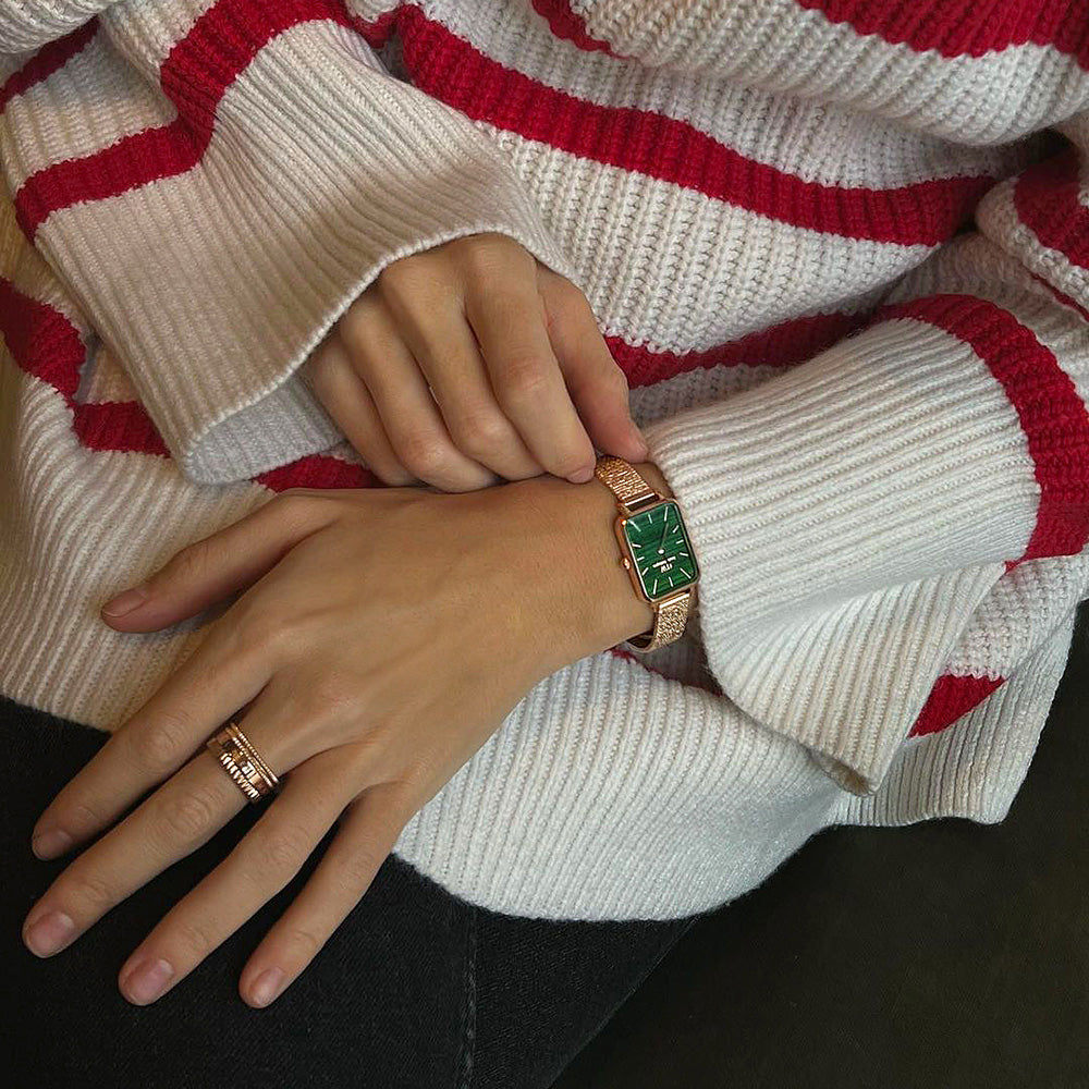 Daniel Wellington Women's Quadro Pressed Melrose Emerald Green Gold-Plated Mesh Strap Watch DW00100437
