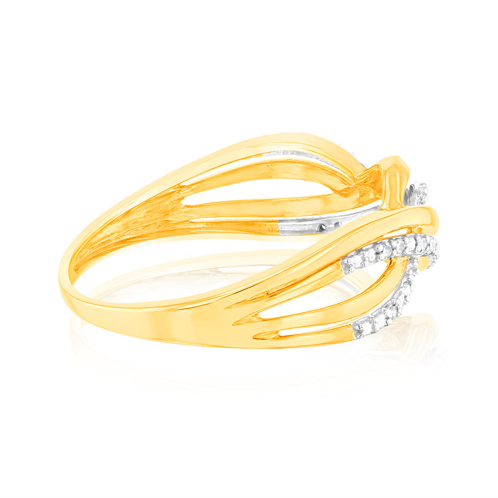 Stunning 9ct Yellow Gold Fancy Wrap-Around Engagement Ring Embellished with 20 Natural Diamonds