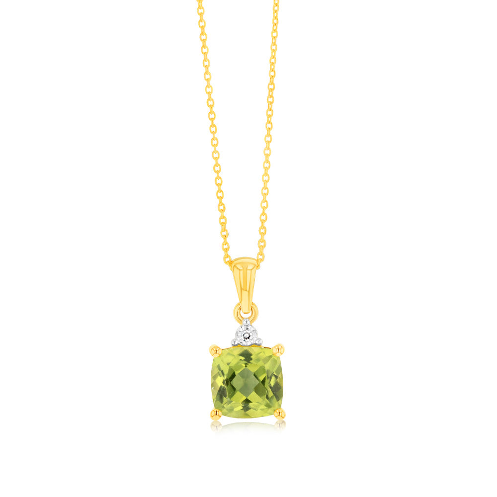 Stunning 9ct Yellow Gold Pendant with 1.7ct Peridot and Diamonds on a 45cm Chain - Jewelry Piece